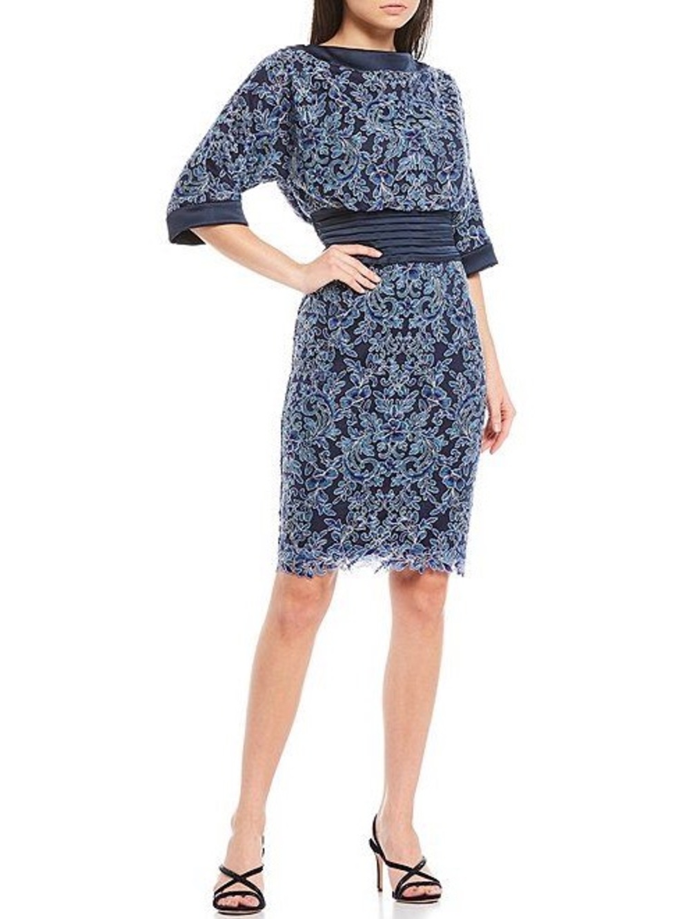 Tadashi Shoji Vintage Navy Blue Floral Lace Midi Dress